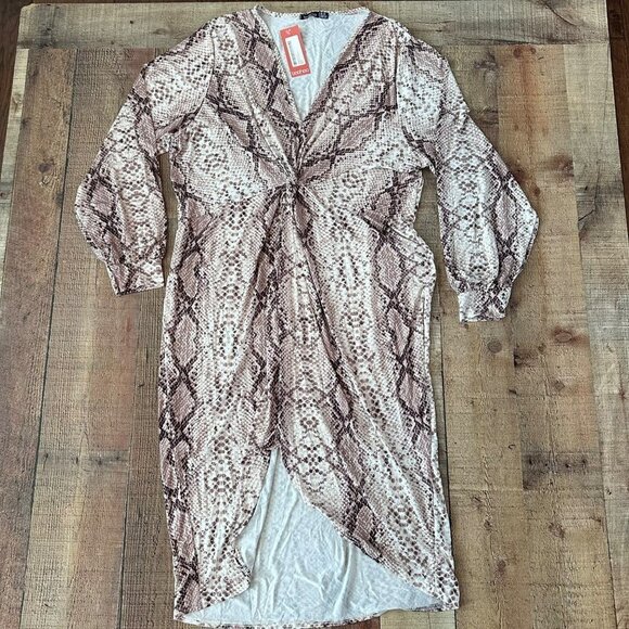 Boohoo Dresses & Skirts - Boohoo plus slinky front midi dress snake brown and cream 26